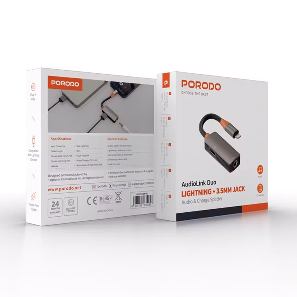 A Photo Of Porodo AudioLink Duo Lightning & 3.5mm Jack Splitter