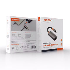 A Photo Of Porodo AudioLink Duo Lightning & 3.5mm Jack Splitter
