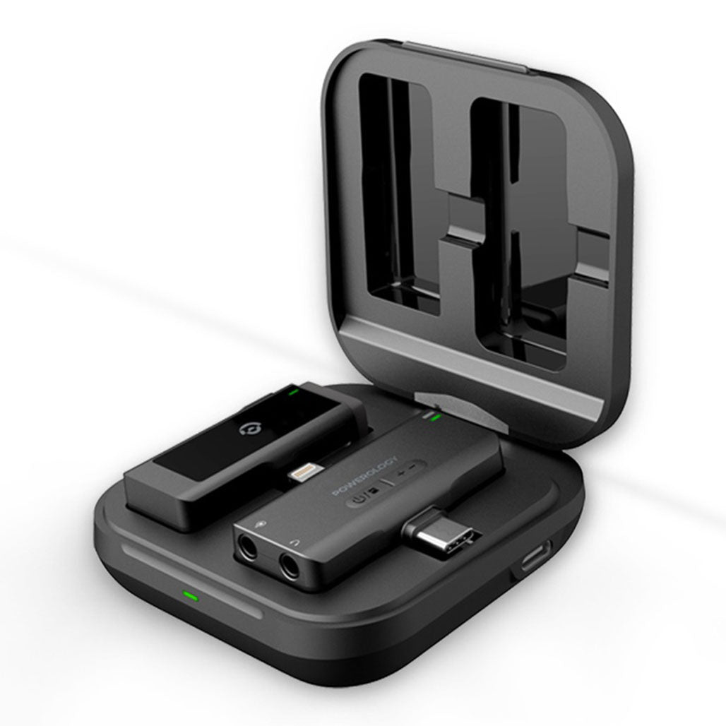 A Photo Of Powerology PWMICBK MFI Dual Connector Wireless Lavalier Microphone