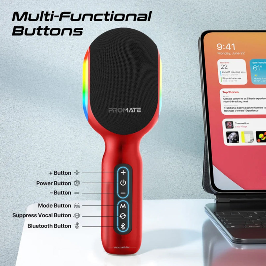 A Photo Of Promate VocalMic 5-in-1 Wireless Karaoke Microphone & Speaker - Red