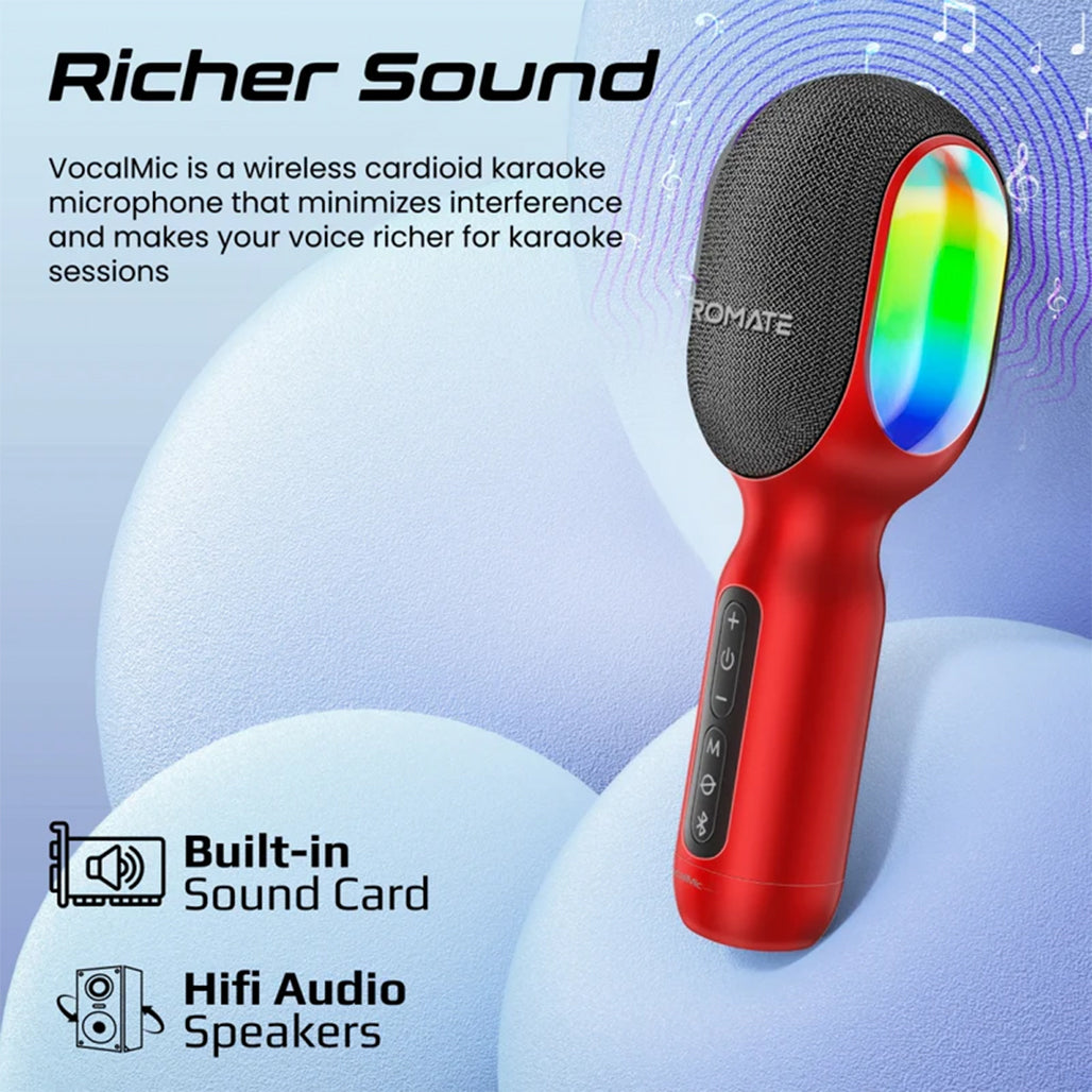 A Photo Of Promate VocalMic 5-in-1 Wireless Karaoke Microphone & Speaker - Red