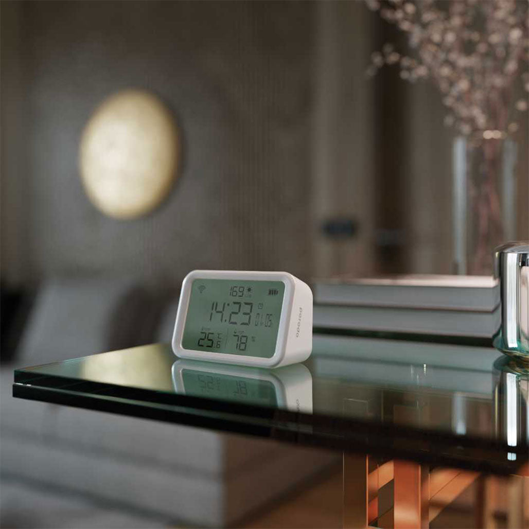 A Photo Of Porodo WiFi Smart Clock with Ambience Sensor – Temperature, Humidity Alerts, Google Assistant & Alexa Compatible