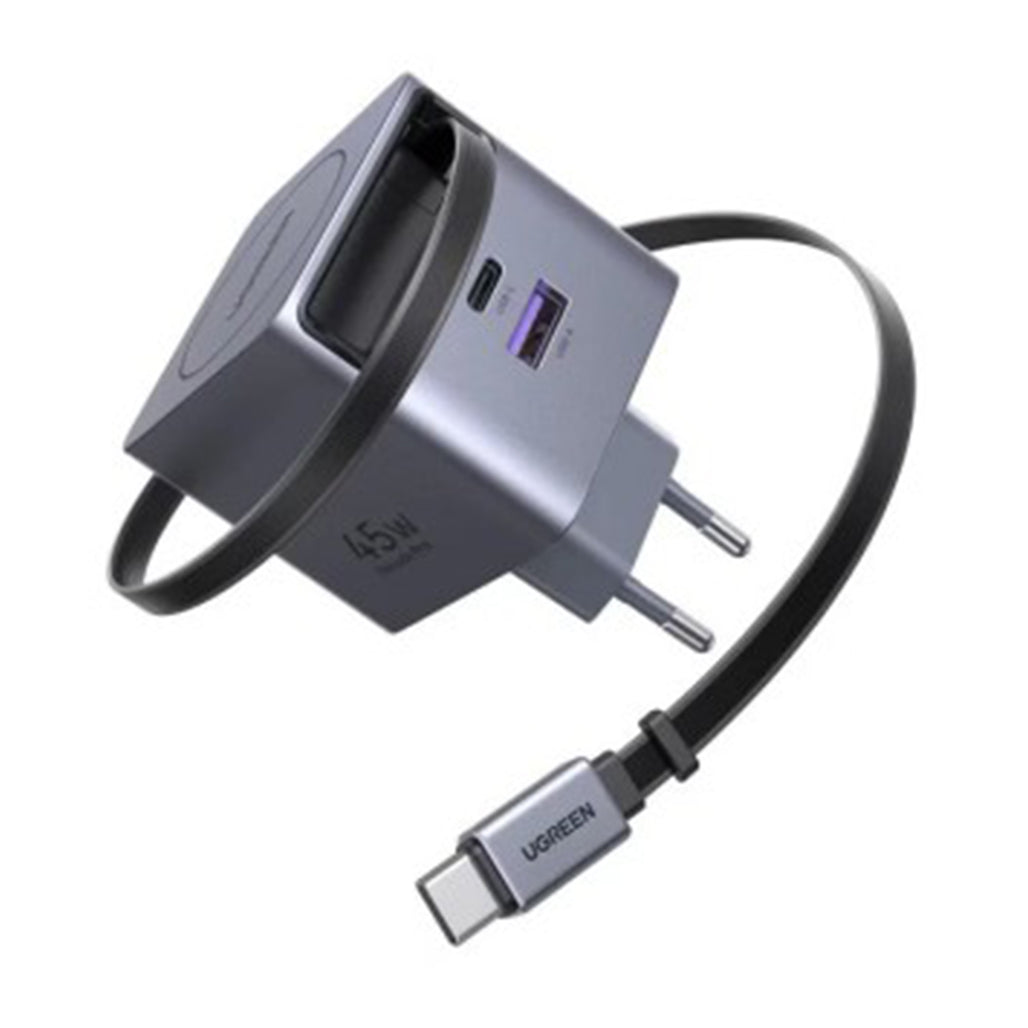 A Photo Of UGREEN 45W GaN USB-C Charger 3-Port with Retractable USB-C Cable
