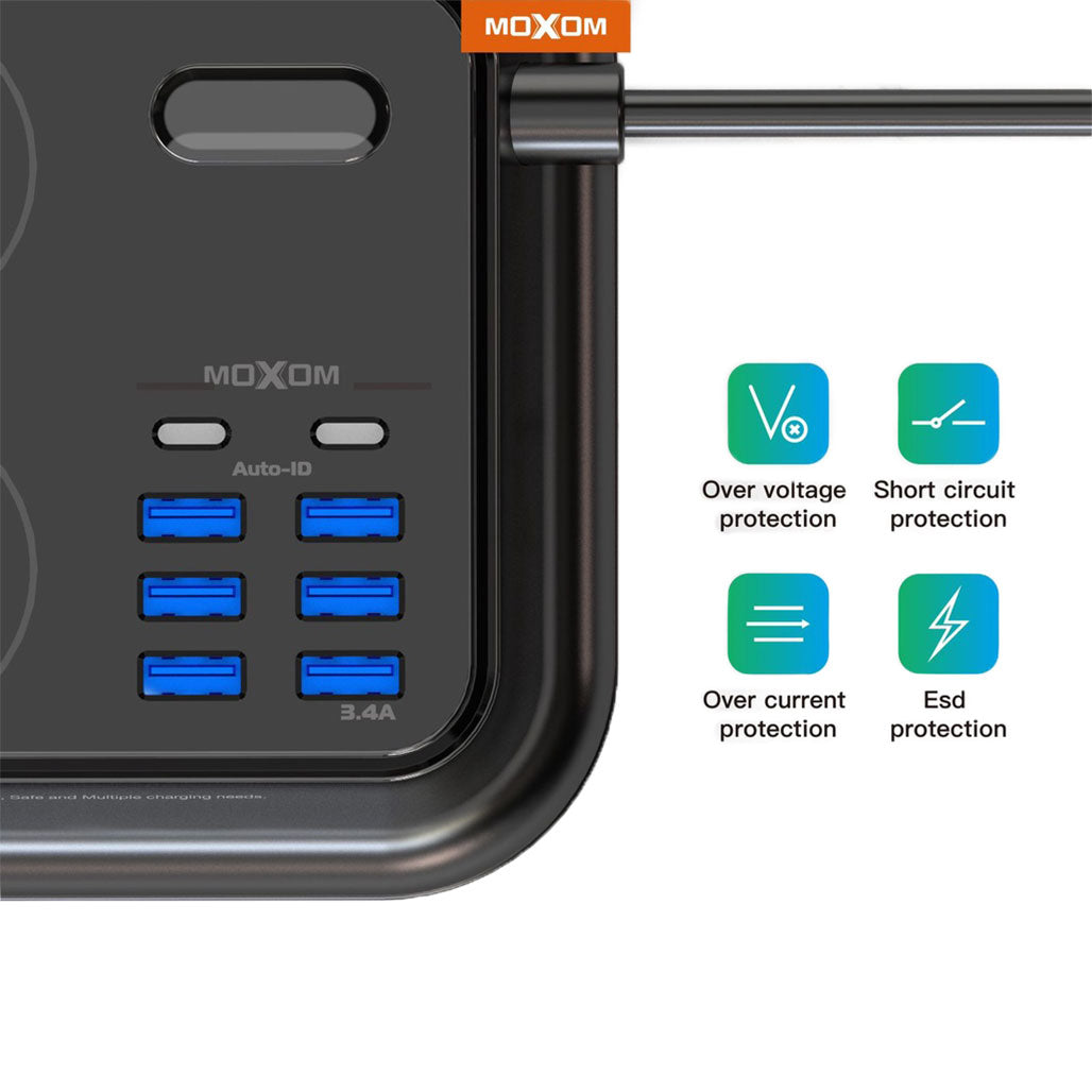 A Photo Of Moxom MX-ST07 Smart Power Socket | 6 USB Ports, 2 PD Type-C, 4 Universal Outlets, 3.4A Fast Charging